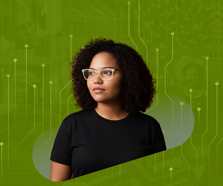 Banner com uma mulher preta e redes de tecnologia como fundo - Pysá Soluções Digitais