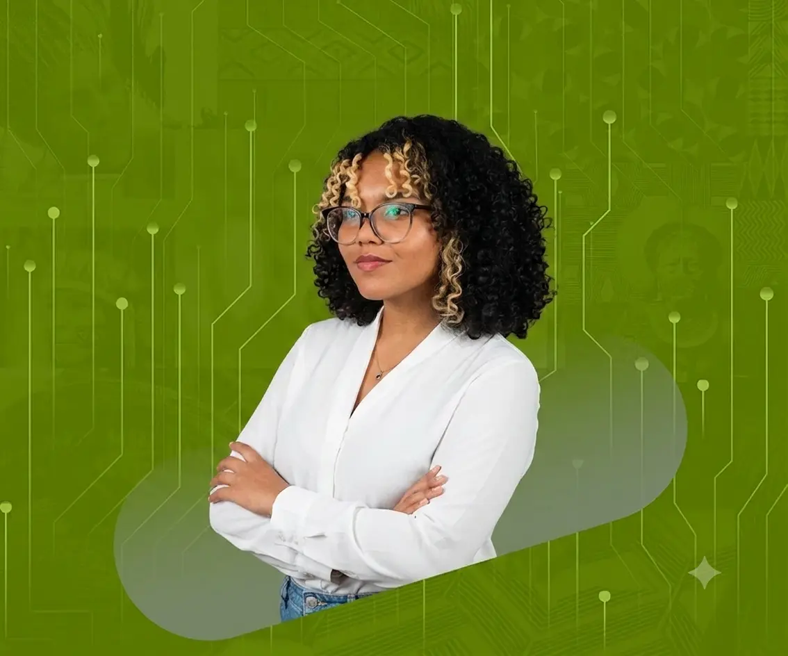 Banner com uma mulher preta e redes de tecnologia como fundo - Pysá Soluções Digitais